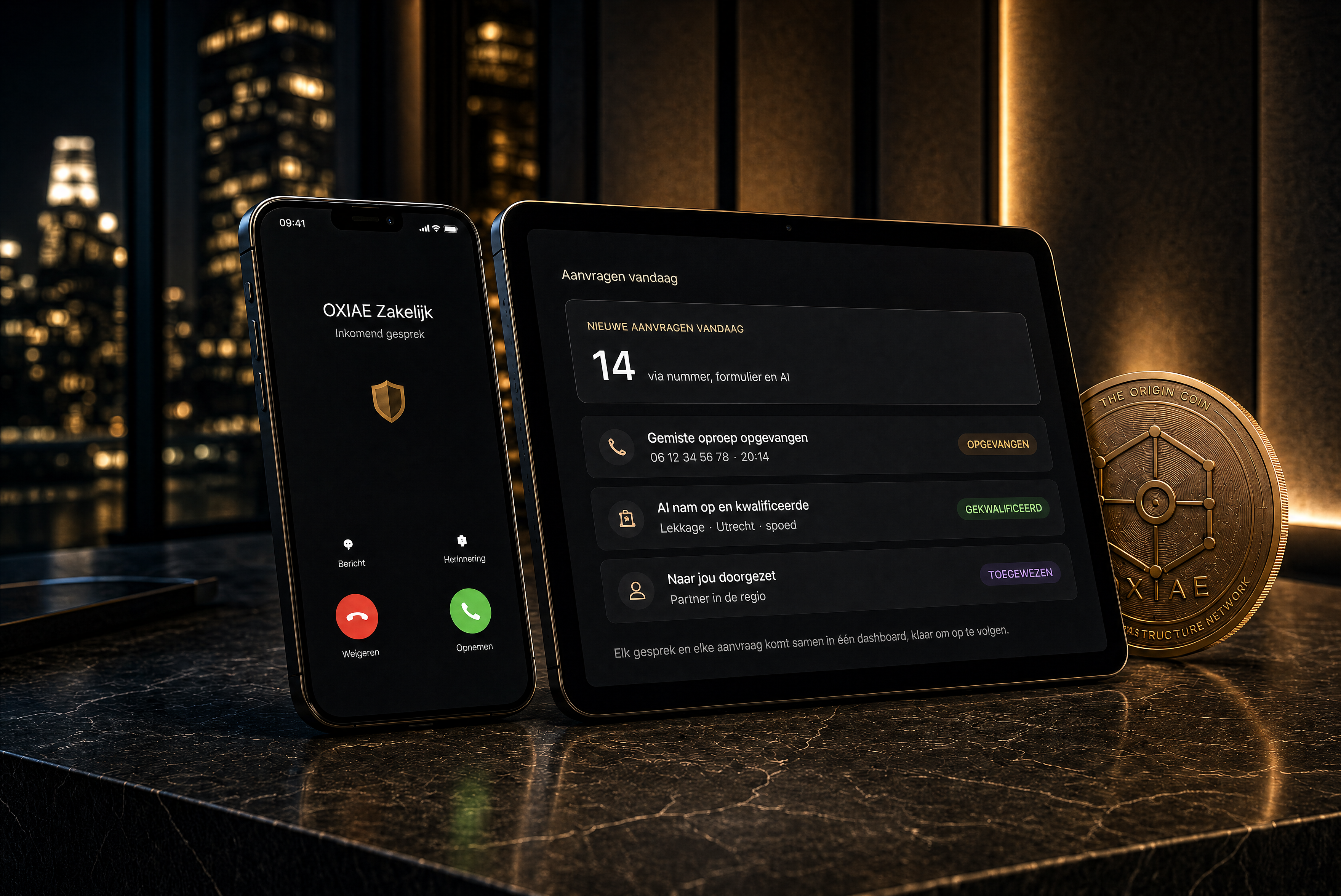 OXIAE zakelijke infrastructuur met telefoon en dashboard