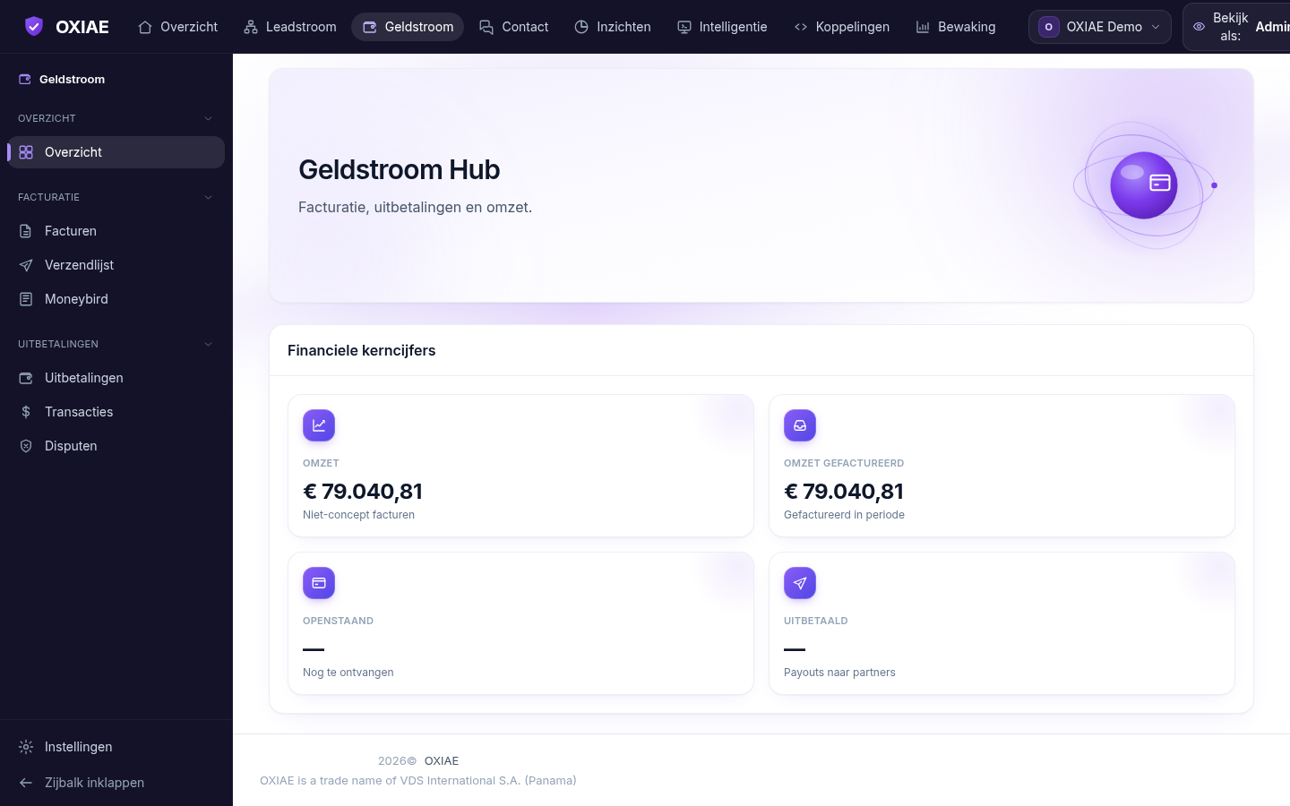 OXIAE leadplatform-cockpit — Geldstroom